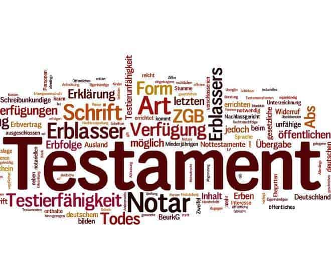 Colorierte Grafik aus mehreren Wörtern mit >Testament< in der Mitte groß