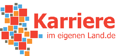 Logo Karriere im eigenen Land.de z mapą w kolorach czerwonym, pomarańczowym, niebieskim, szarym