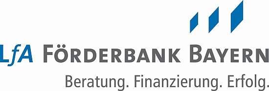 Logo LfA- Förderbank Bayern w kolorze antracytowym i niebieskim.