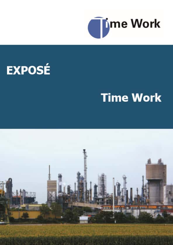 Exposé-Deckblatt der Time Work GmbH mit Foto einer Industrielandschaft