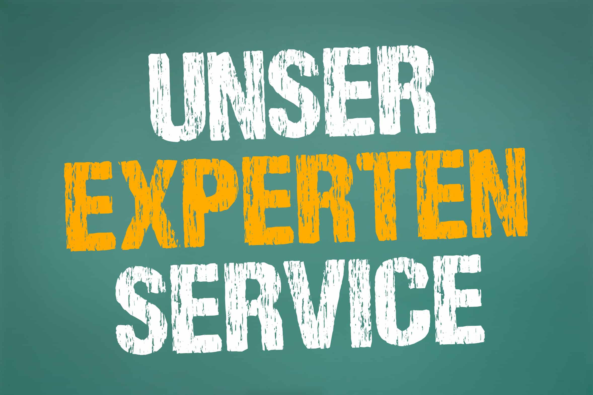 "Our expert service" lettering in white and yellow on a green background