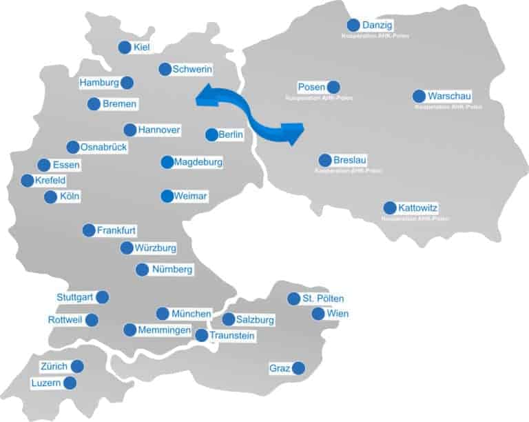 Landkarte von KERN Unternehmensnachfolge. Erfolreicher. Standorte in DACH Region und Polen