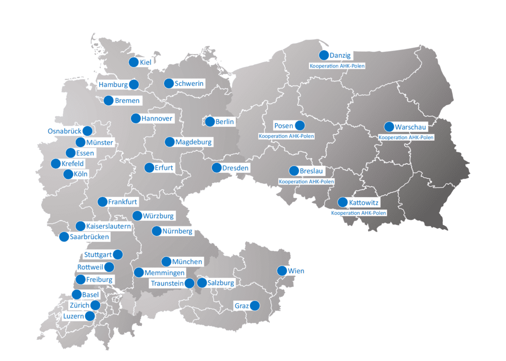 Mapa z lokalizacjami KERN w DACH i Polsce na temat przejęcia przedsiębiorstwa bez kapitału własnego