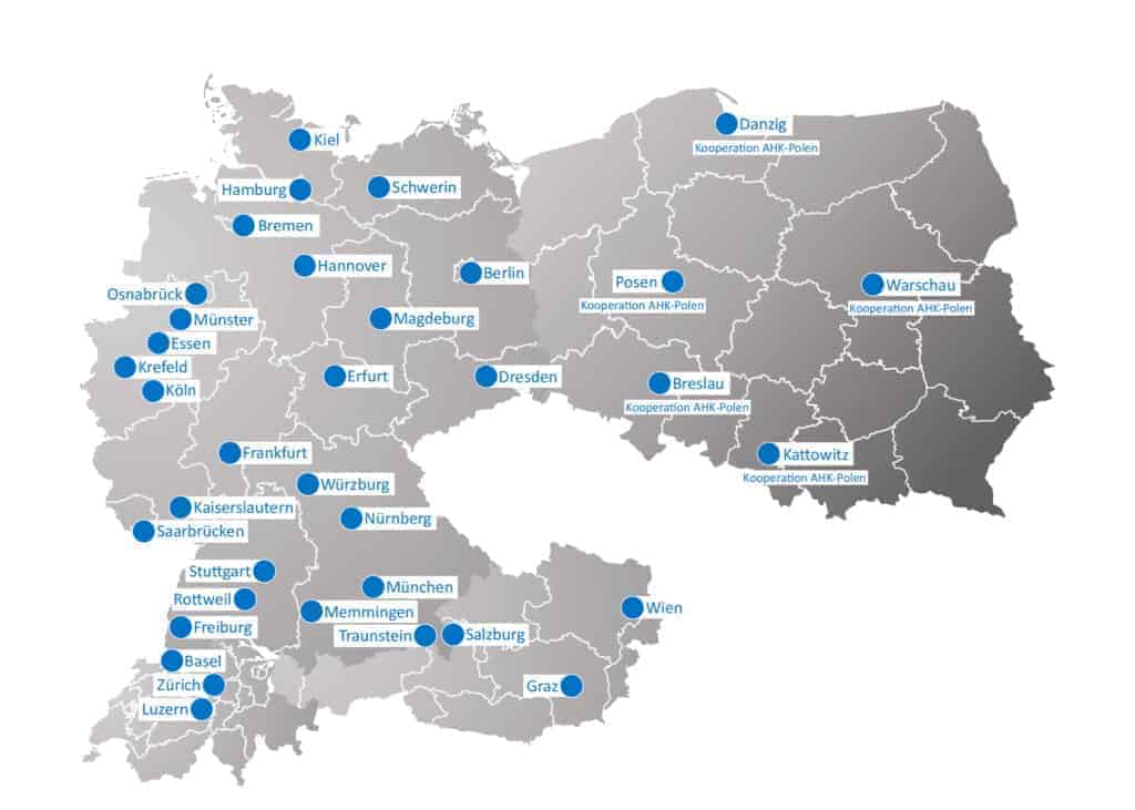 Landkarte mit Standorten in DACH und Polen zum Thema Unternehmensübernahme