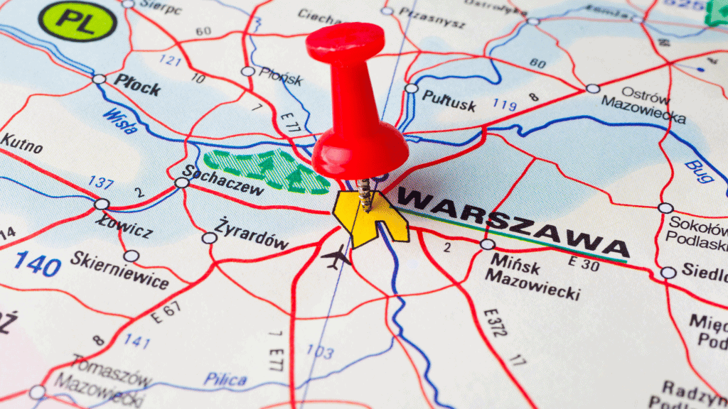 Map with a pin on the city of Warsaw